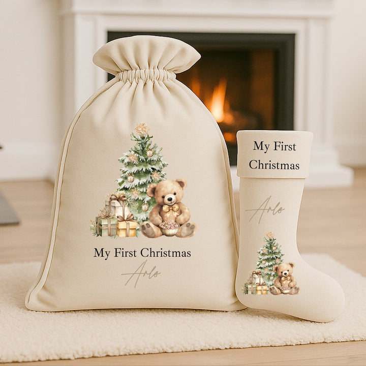 Personalised Beige Teddy Christmas Stocking or Santa Sack