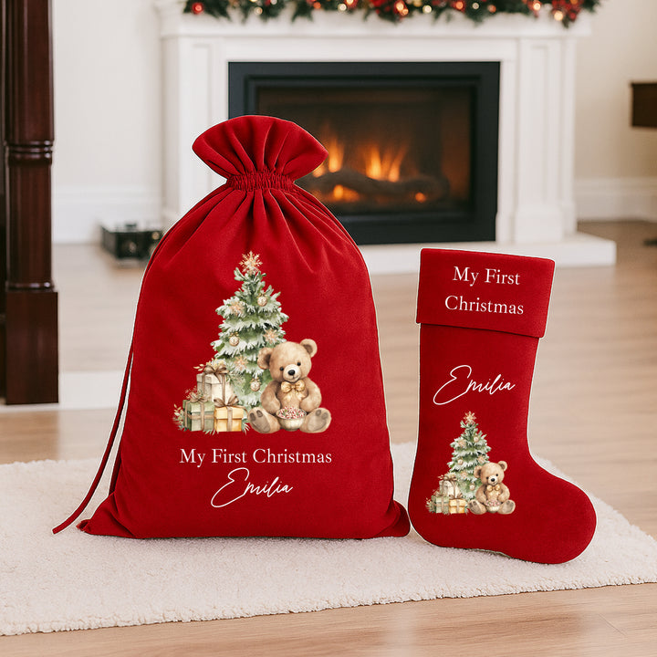 Personalised Beige Teddy Christmas Stocking or Santa Sack