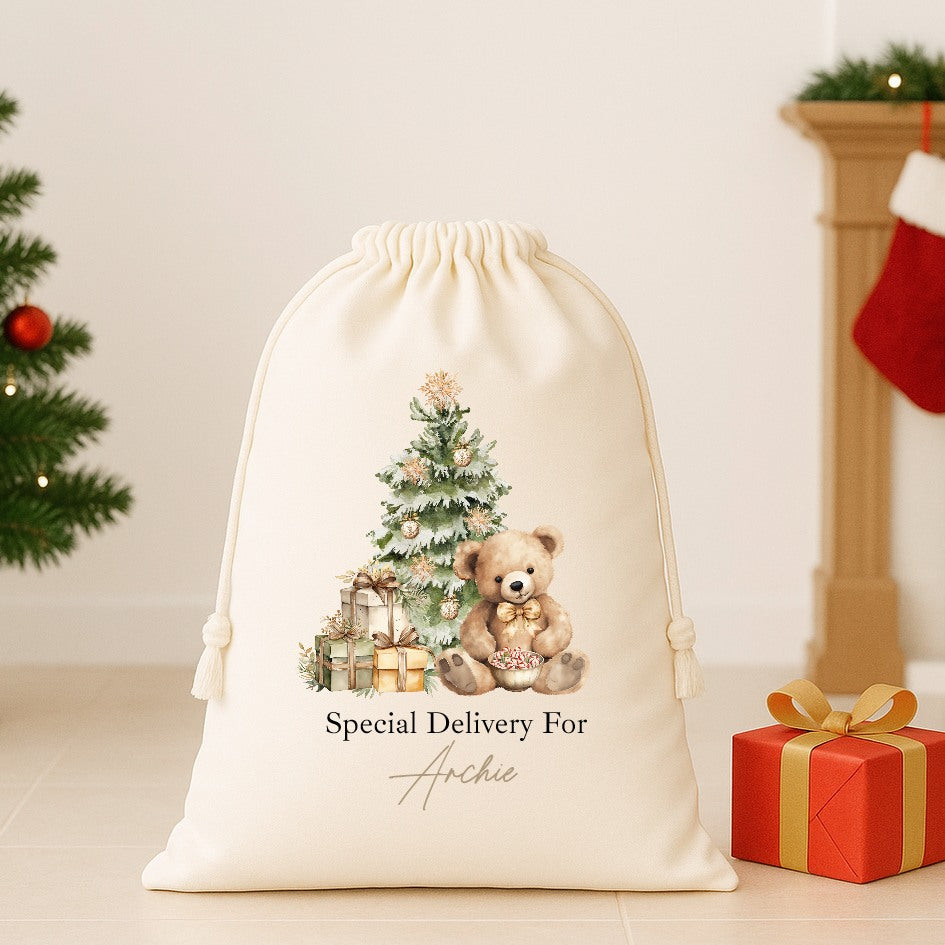 Personalised Beige Teddy Christmas Canvas Santa Sack