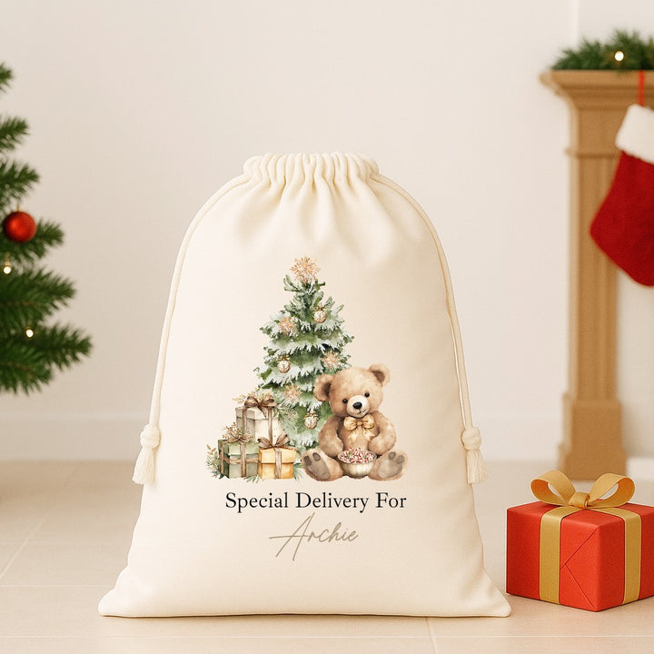 Personalised Beige Teddy Christmas Canvas Santa Sack