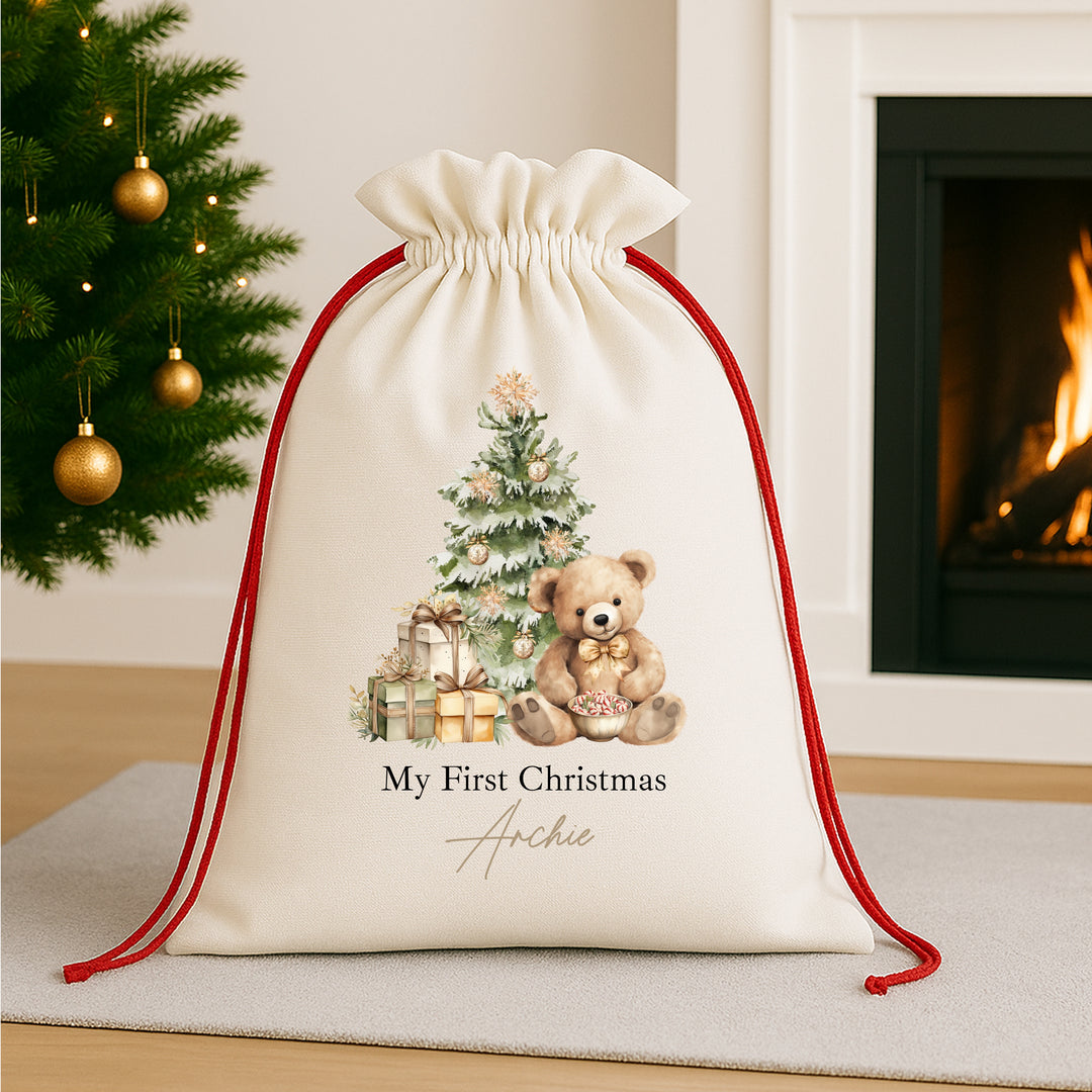 Personalised Beige Teddy Christmas Red Drawstring Santa Sack