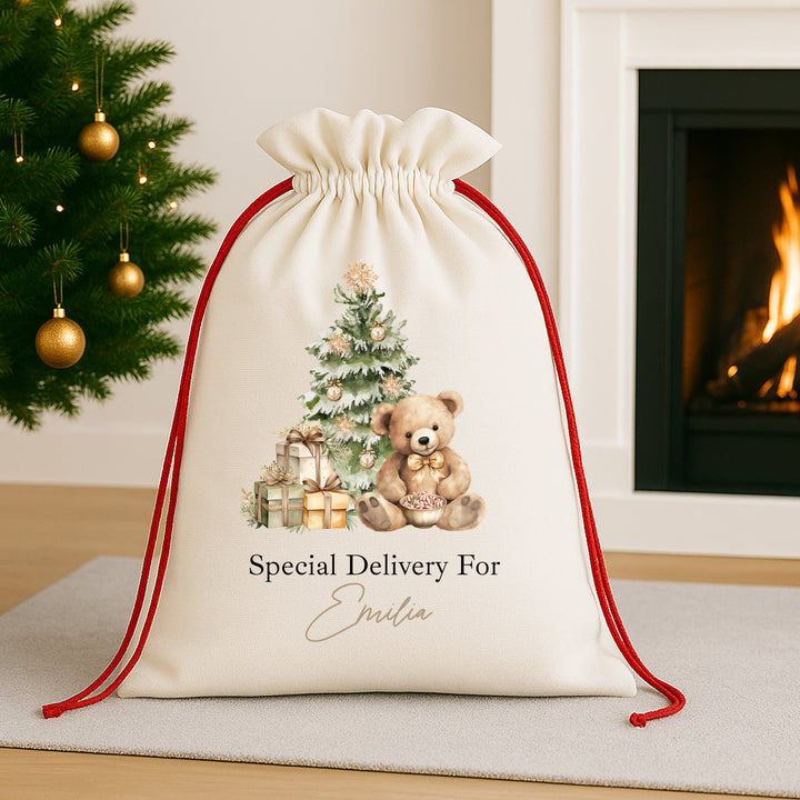 Personalised Beige Teddy Christmas Red Drawstring Santa Sack