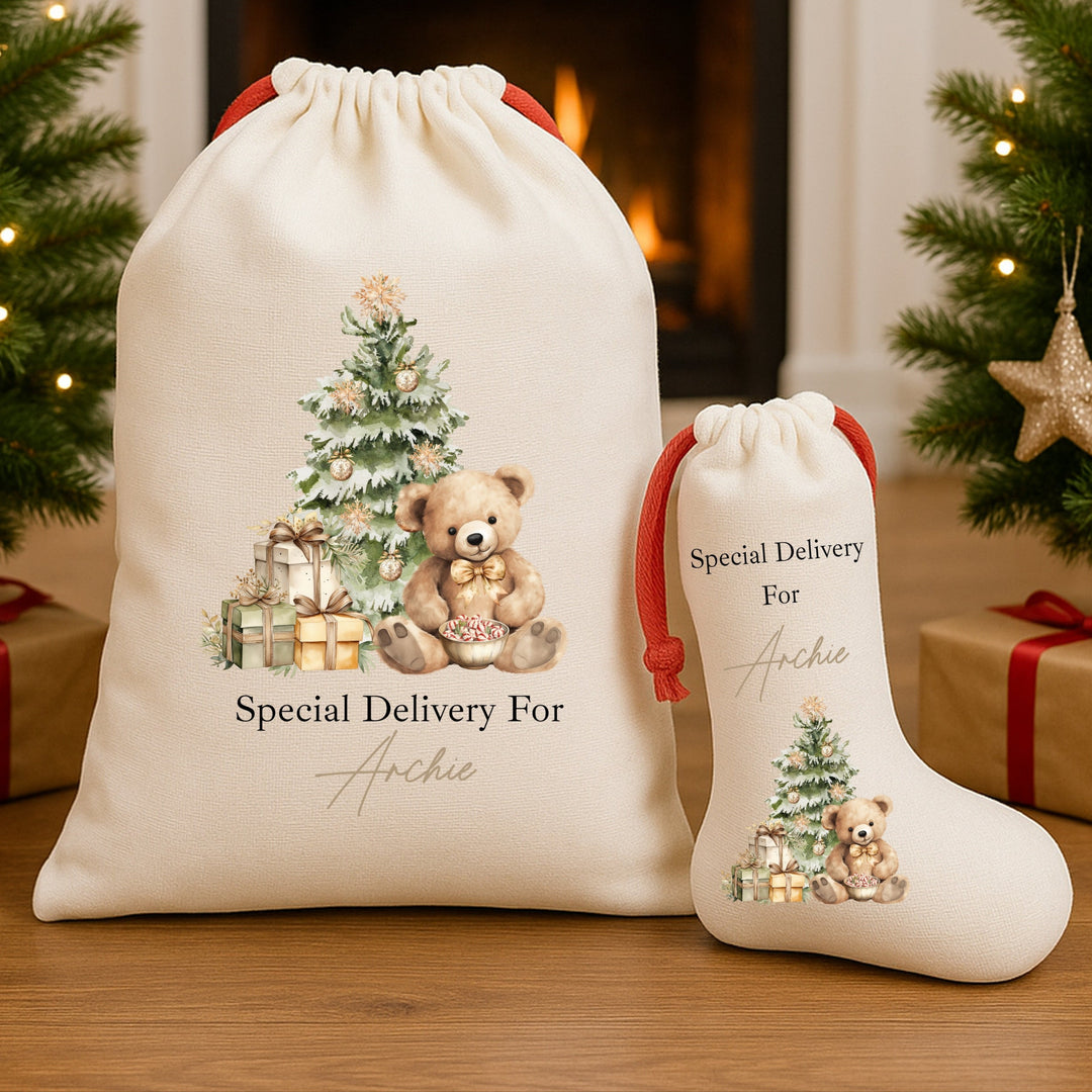 Personalised Beige Teddy Christmas Red Drawstring Santa Sack