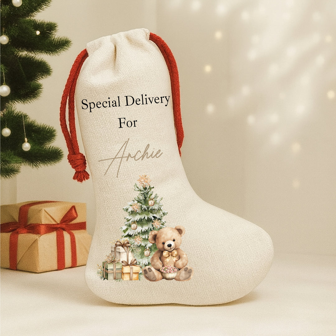 Personalised Beige Teddy Christmas Red Drawstring Santa Sack