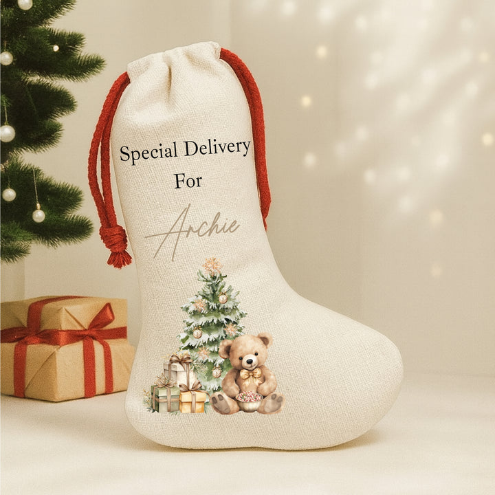 Personalised Beige Teddy Christmas Red Drawstring Santa Sack