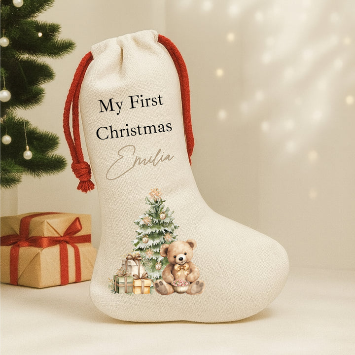 Personalised Beige Teddy Christmas Red Drawstring Santa Sack