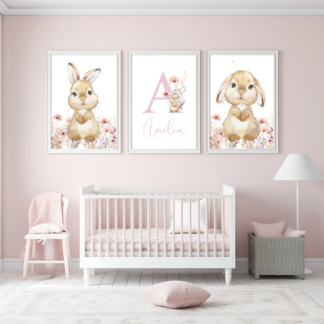 Personalised Floral Bunny Set of 3 Wall Art