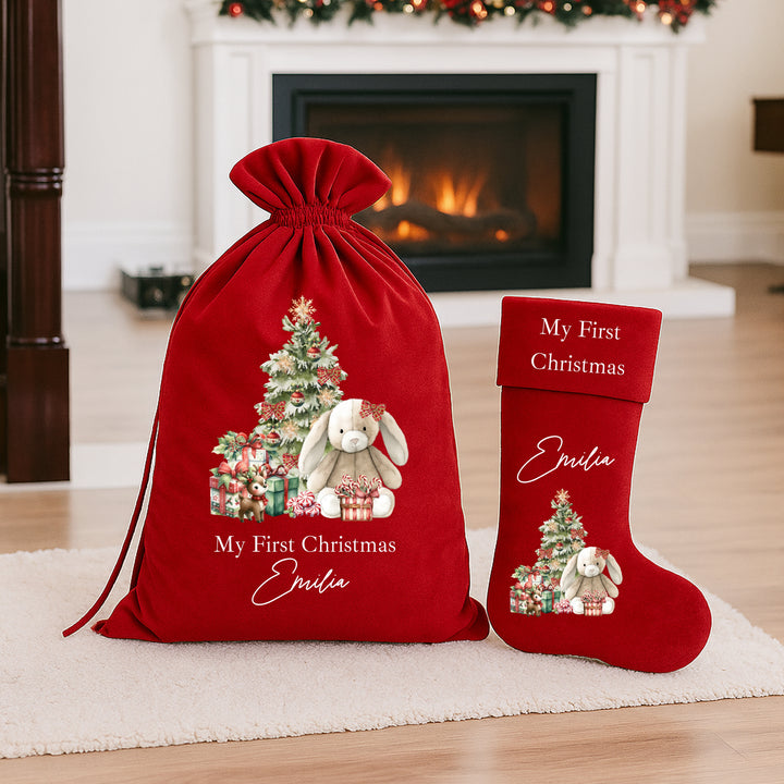 Personalised Red Bunny Christmas Stocking or Santa Sack