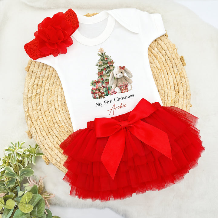 Personalised Beige Rabbit Christmas Red Tutu & Vest Set
