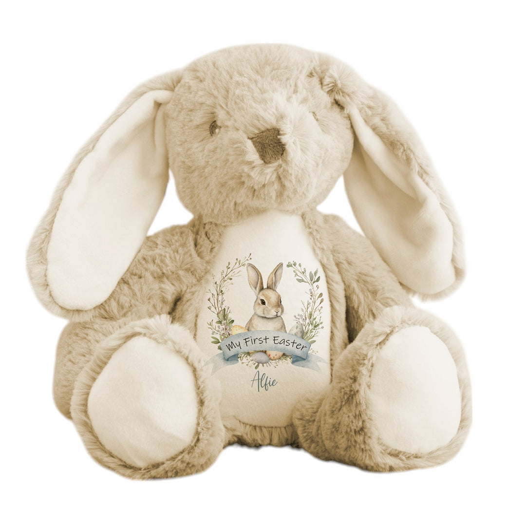 Personalised beige bunny Easter teddy that says 'My First Easter Alfie'. This design features a grey bunny in a wreath