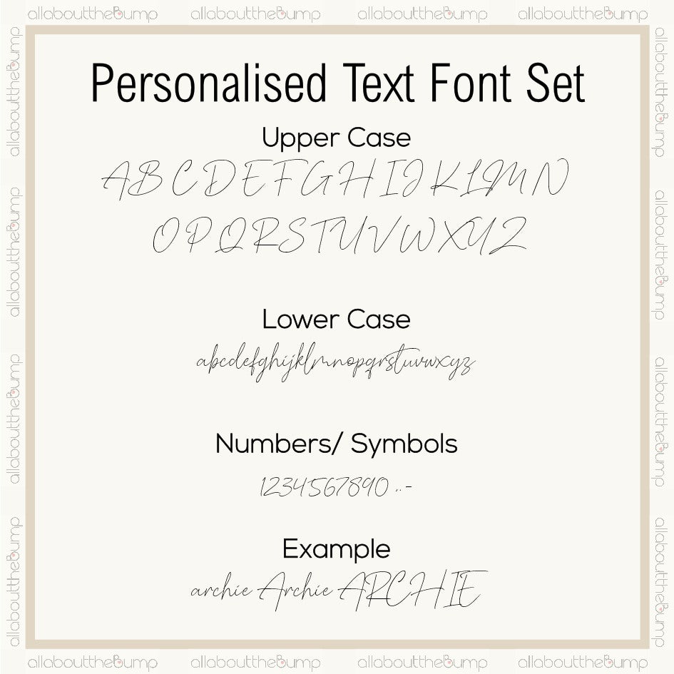 Personalised text font set with upper and lower case letters, numbers, and symbols on a white background.