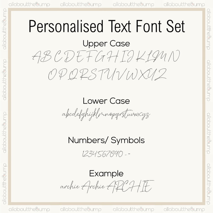 Personalised text font set with upper and lower case letters, numbers, and symbols on a white background.