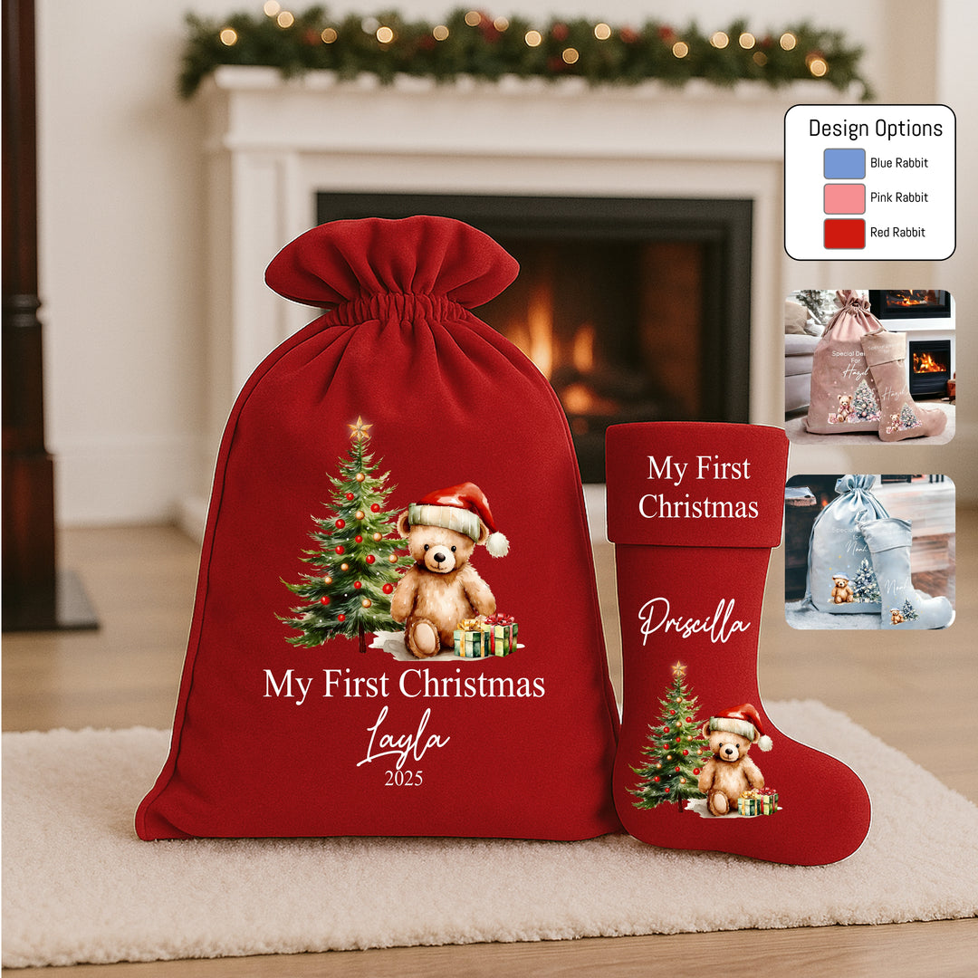 Personalised Red Teddy Christmas Stocking or Santa Sack