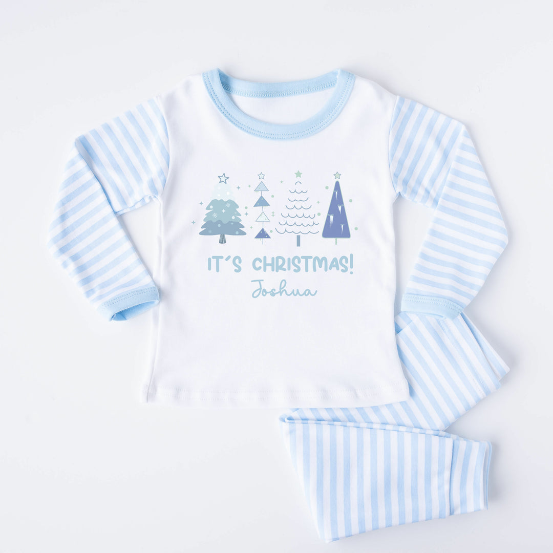 Personalised Blue Christmas Trees Blue Stripe Pyjamas