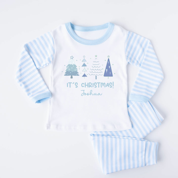 Personalised Blue Christmas Trees Blue Stripe Pyjamas
