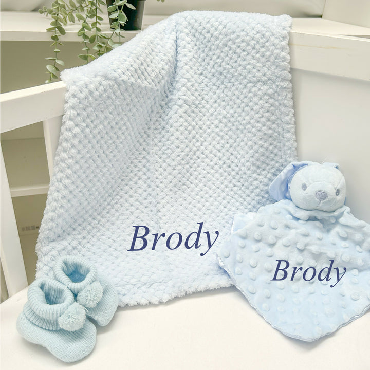 Personalised Boys Embroidered Blue Blanket, Comforter or Gift Set