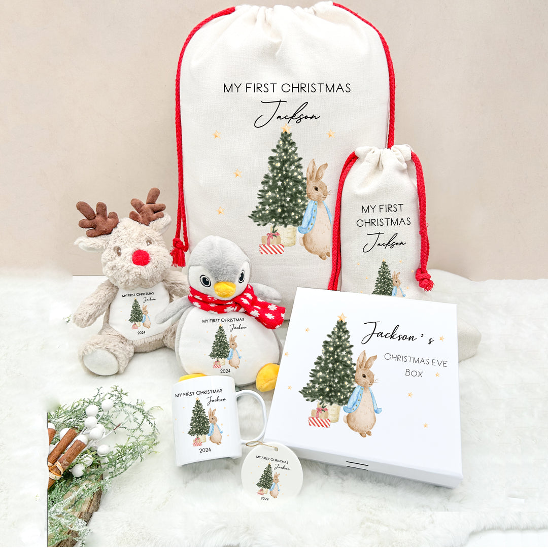 Personalised Blue Rabbit Christmas Santa Sack, Stocking, Mug, Bauble, Christmas Eve Box, Teddy