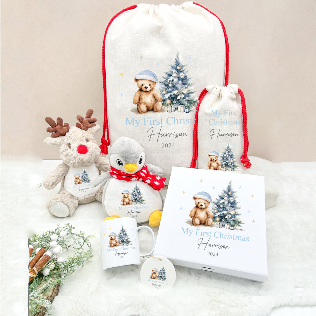 Personalised Blue Teddy Christmas Santa Sack, Stocking, Mug, Bauble, Christmas Eve Box, Teddy