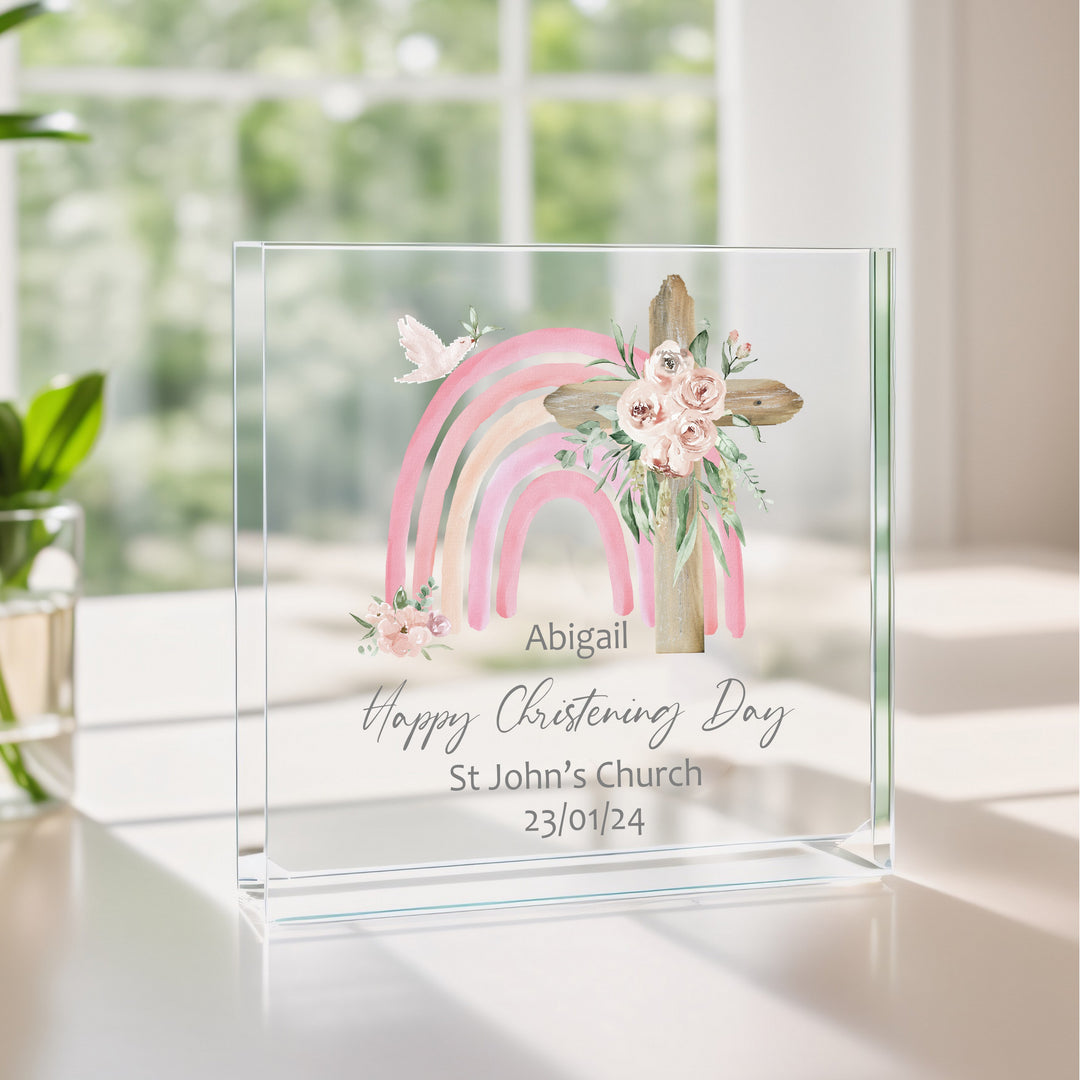 Personalised My Christening Day Pink Rainbow Acrylic Plaque