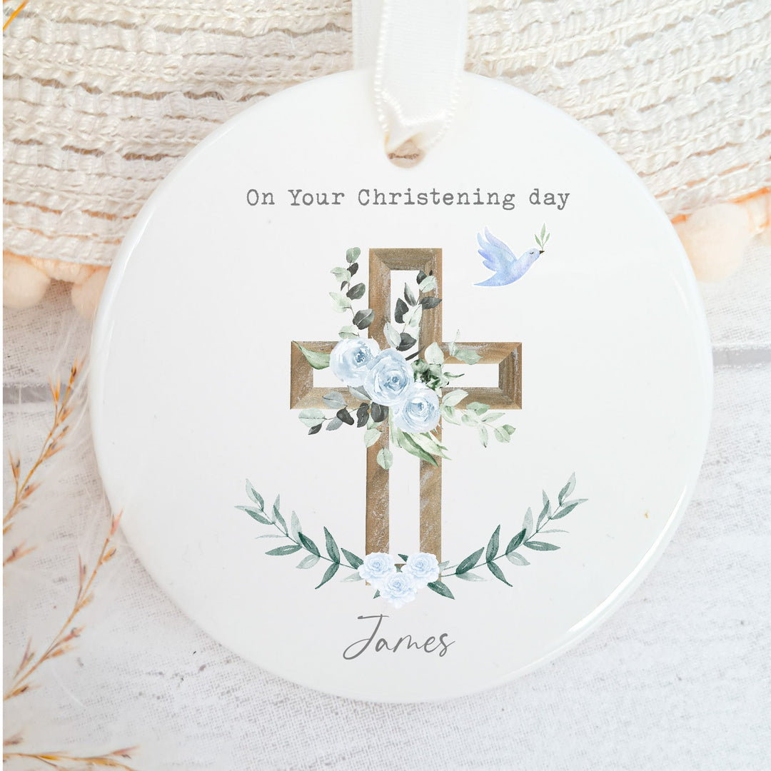 Personalised My Christening Day Blue Ceramic Ornament