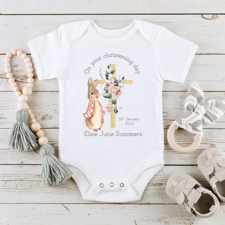 Personalised Pink Rabbit Christening Babygrow/Vest