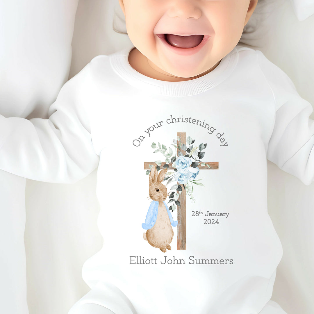 Personalised Light Blue Rabbit Christening Babygrow/Vest