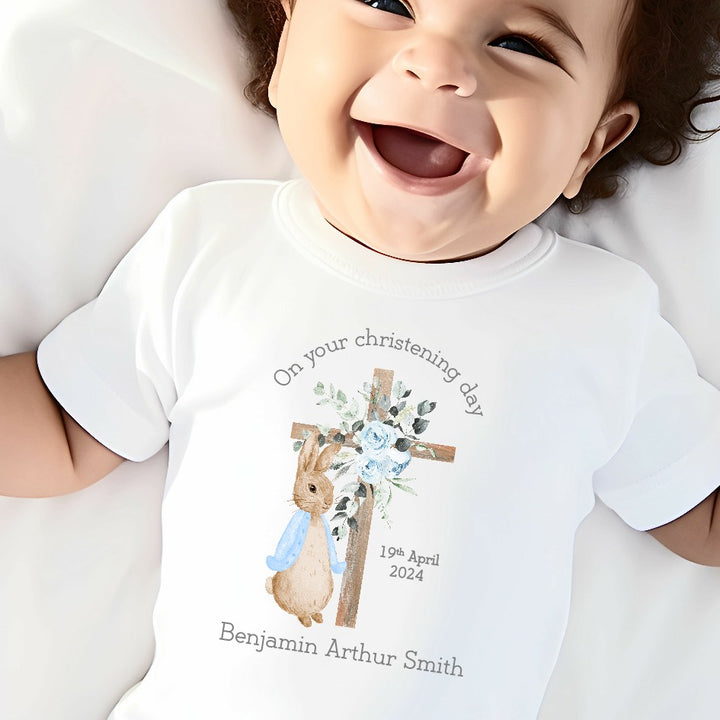 Personalised Light Blue Rabbit Christening Babygrow/Vest