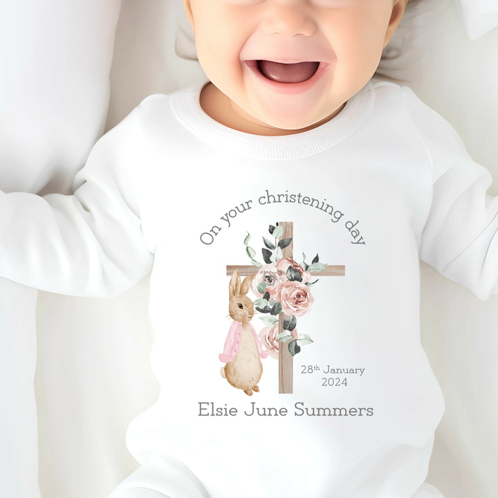 Personalised Light Pink Rabbit Christening Babygrow/Vest