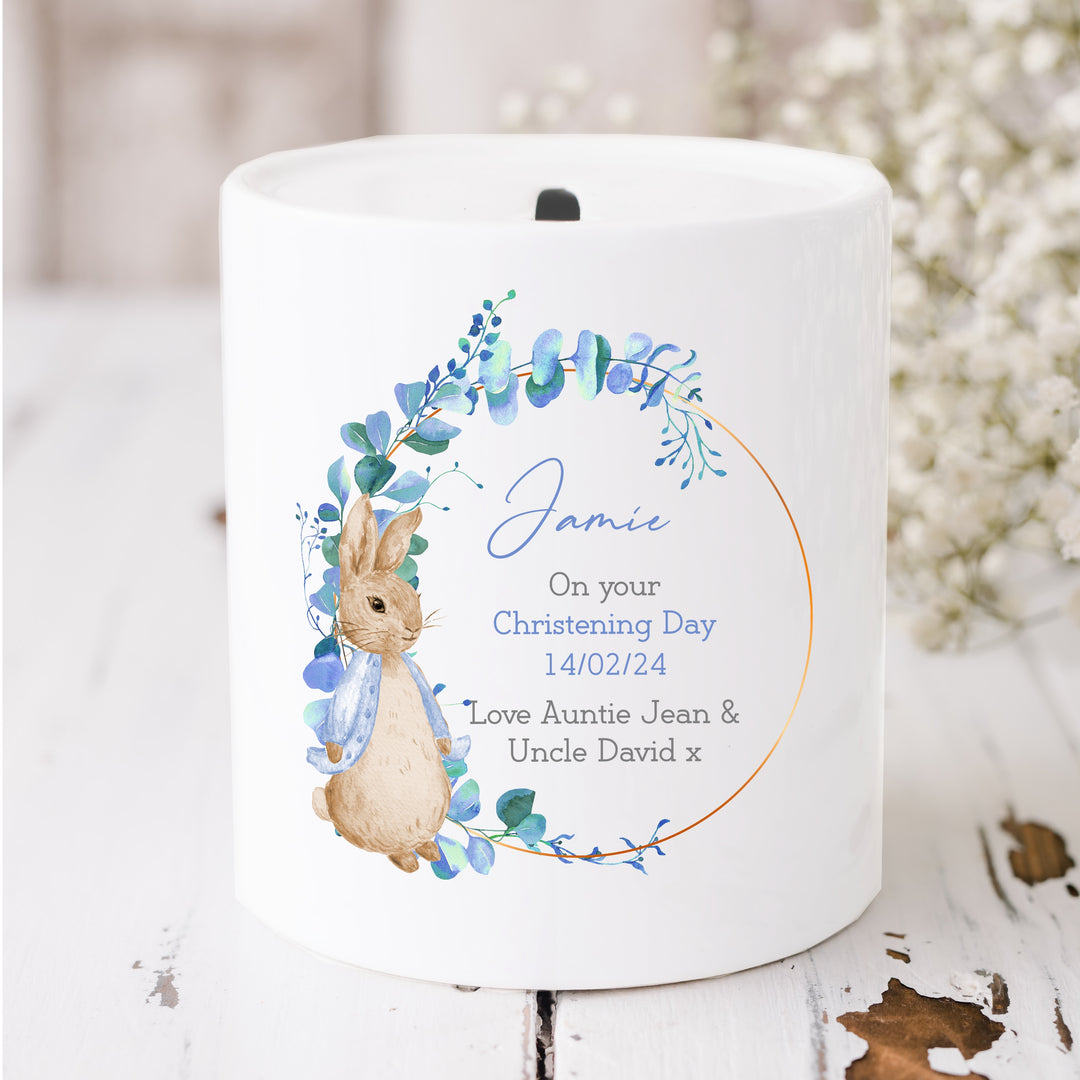 Personalised Blue Rabbit Wreath Christening Day Ceramic Money Box