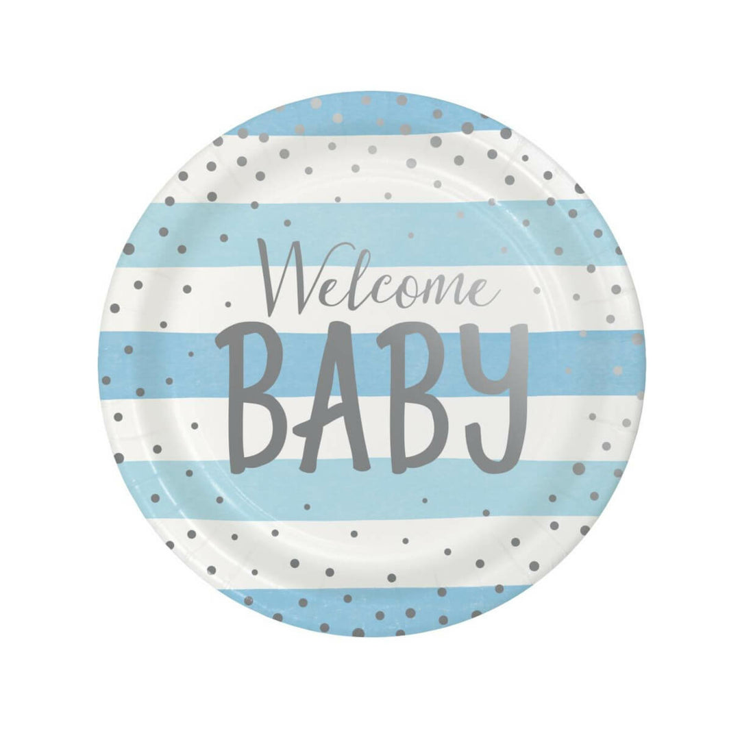 Blue and Silver Paper Dinner Plates Welcome Baby