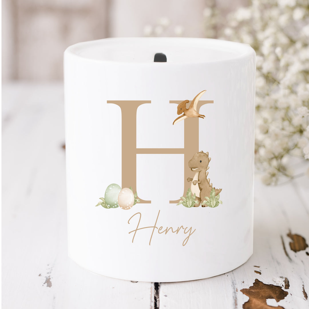 Personalised Beige Dinosaur Initial Ceramic Money Box