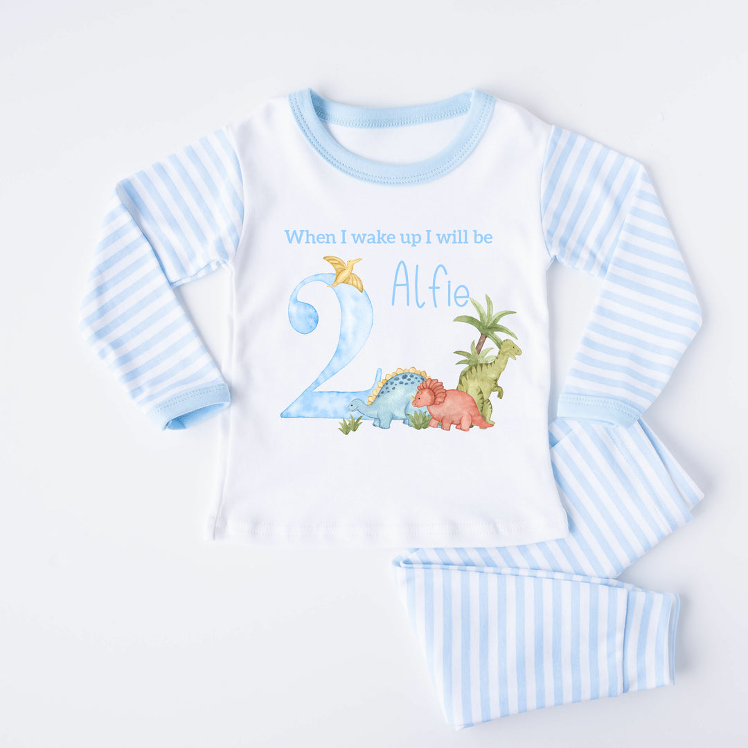 Personalised Dinosaur Blue Stripe Boys Birthday Pyjamas