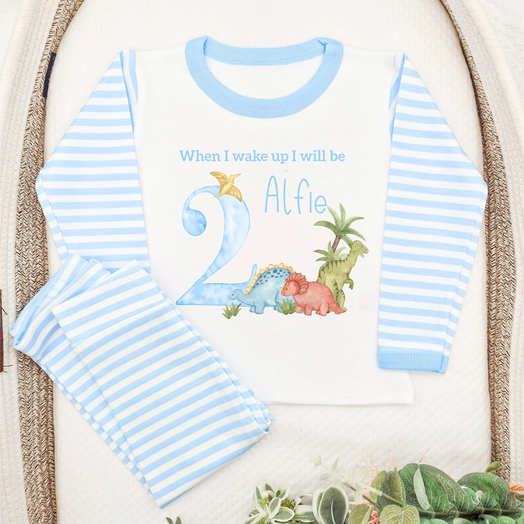 Personalised Dinosaur Blue Stripe Boys Birthday Pyjamas