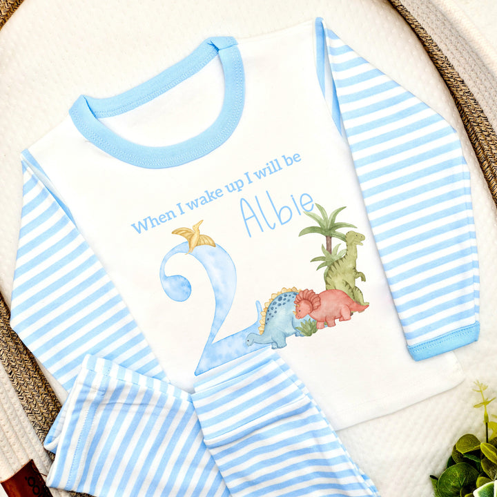 Personalised Dinosaur Blue Stripe Boys Birthday Pyjamas