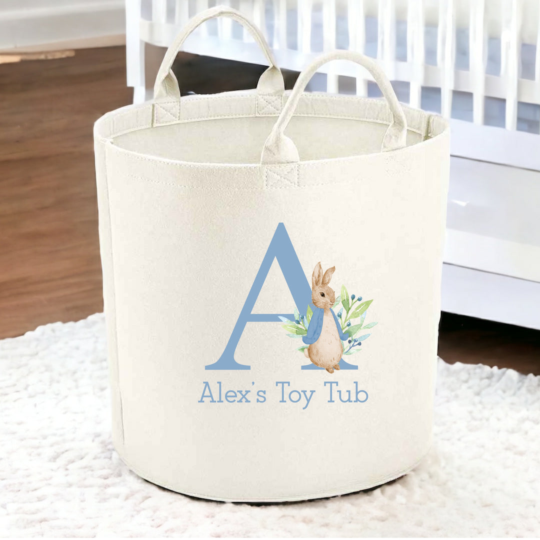 Personalised Dusky Blue Rabbit Toy Tub