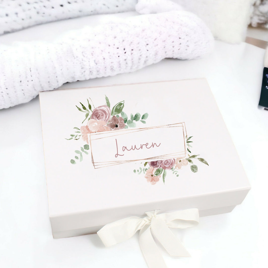 Personalised Girls Dusky Pink Gold Wreath Baby Box