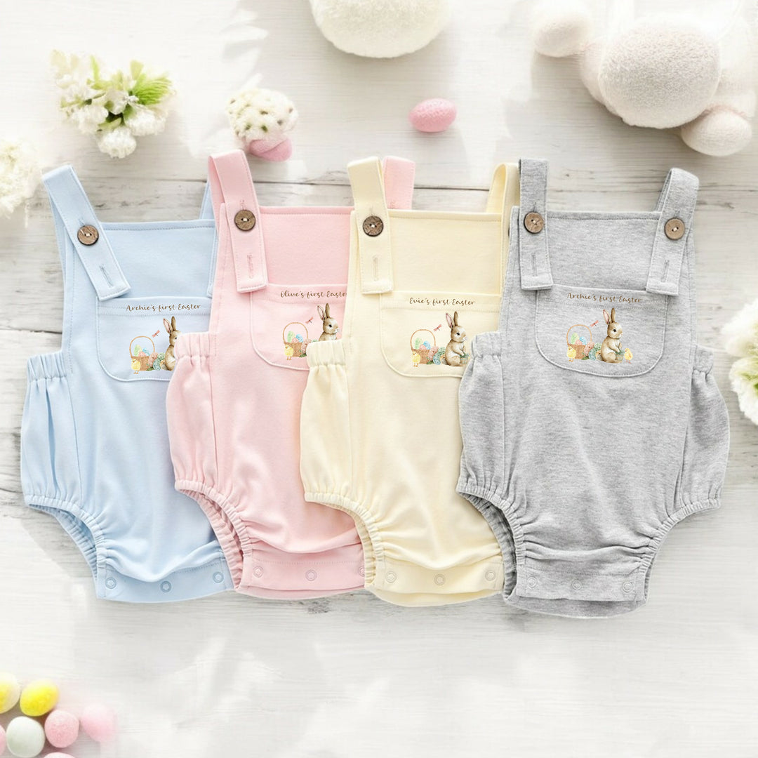 Personalised Easter dungarees avaliable in 4 different colours