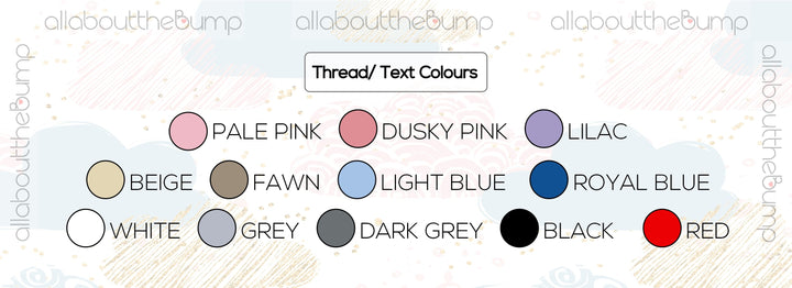 This photo shows the 12 different thread colours avaliable for this design: pale pink, dusky pink, lilac, beige, fawn, light blue, royal blue, white, grey, dark grey, black and red