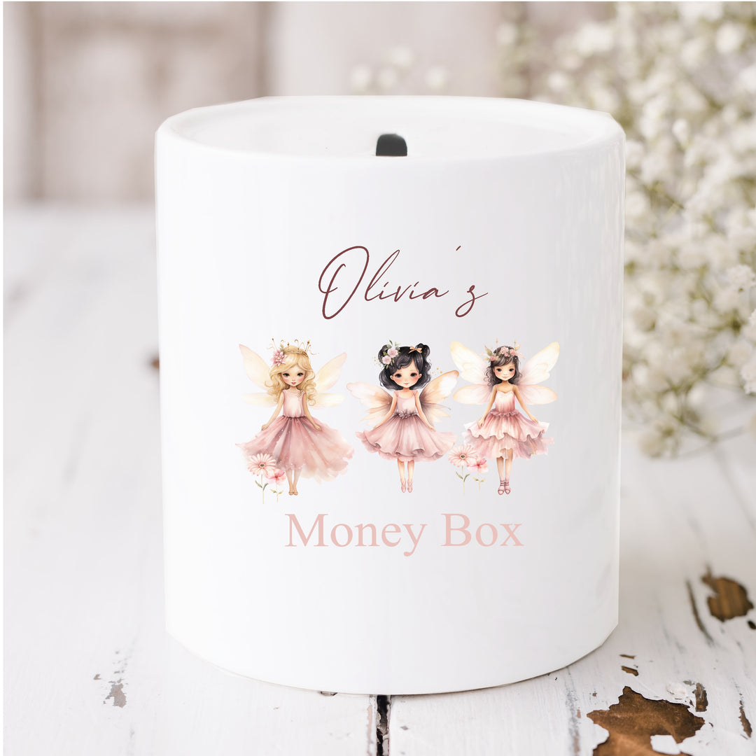 Personalised Pink Fairies Ceramic Money Box