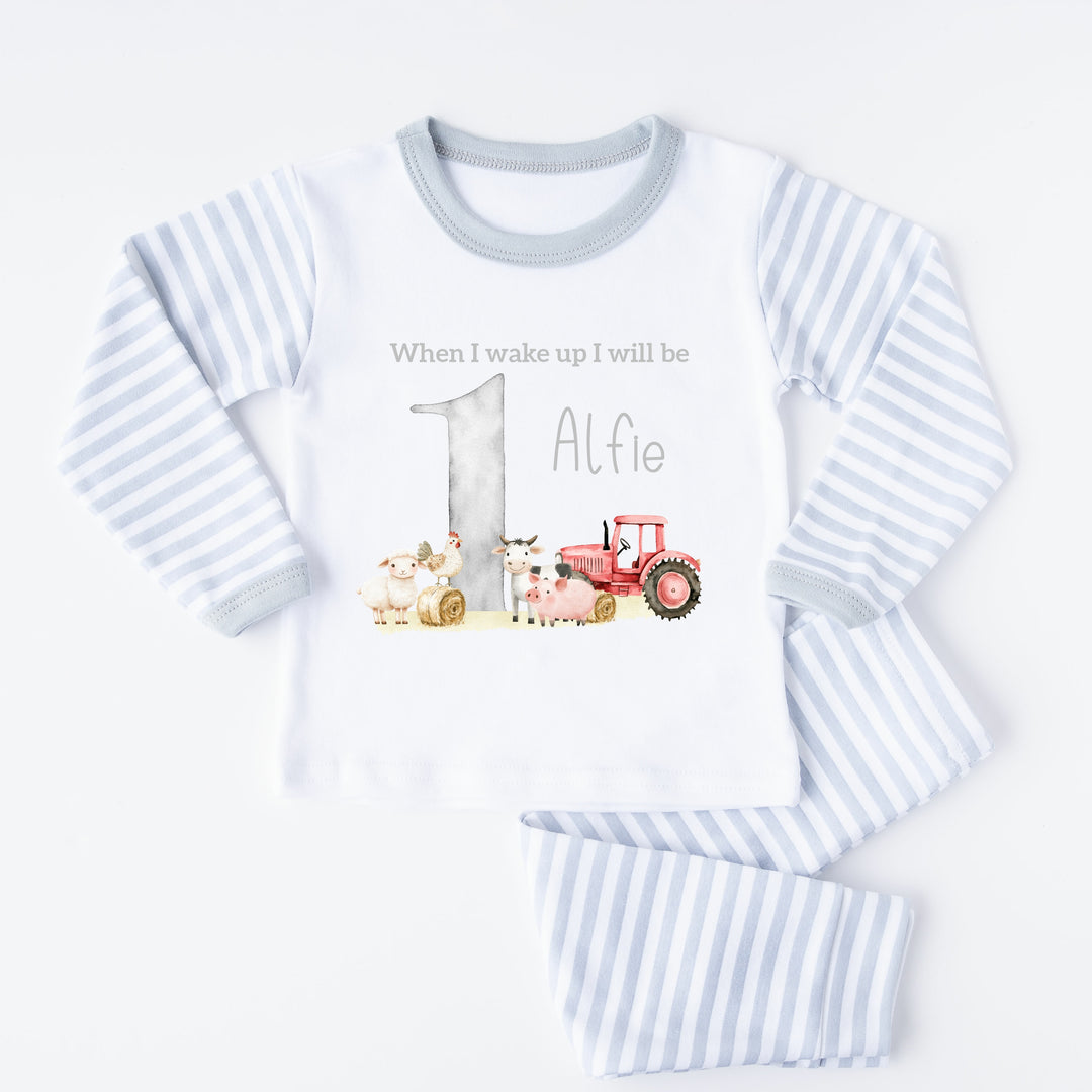 Personalised Farm Yard Grey Stripe Boys Birthday Pyjamas