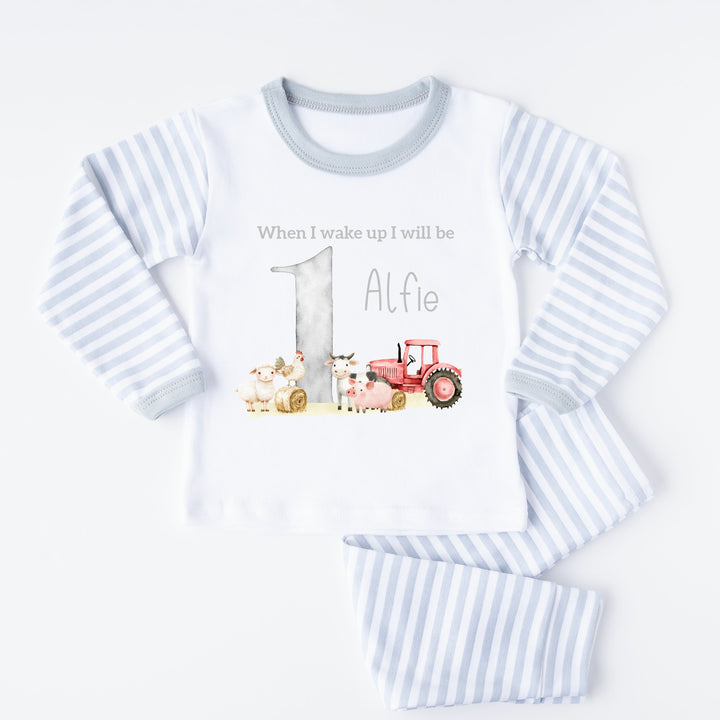 Personalised Farm Yard Grey Stripe Boys Birthday Pyjamas