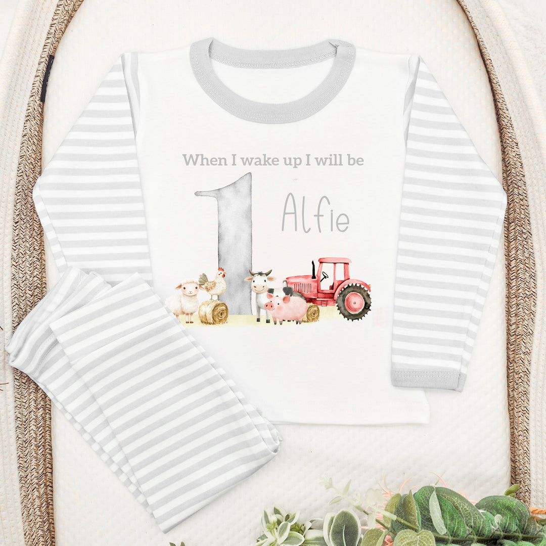 Personalised Farm Yard Grey Stripe Boys Birthday Pyjamas