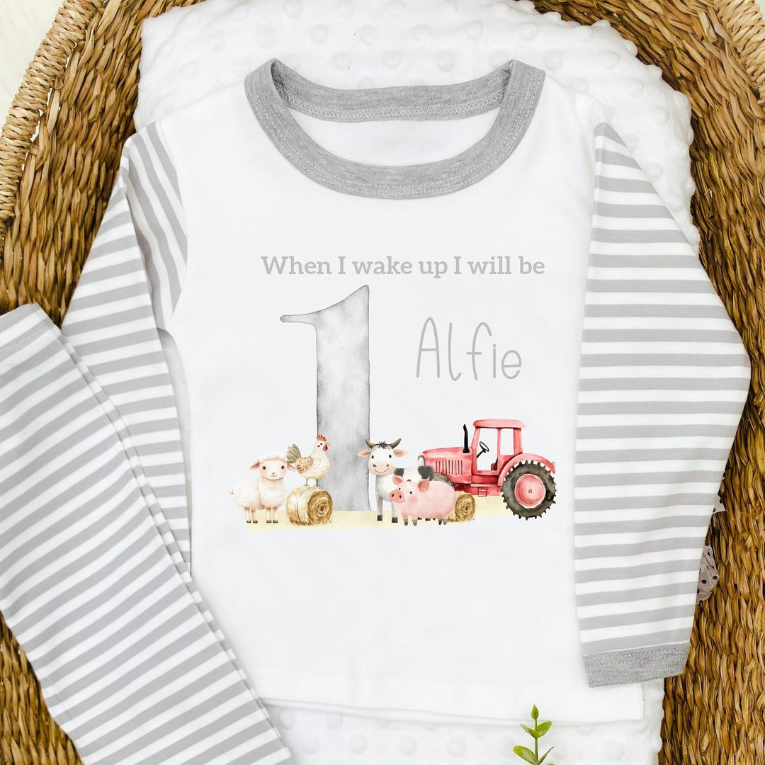 Personalised Farm Yard Grey Stripe Boys Birthday Pyjamas