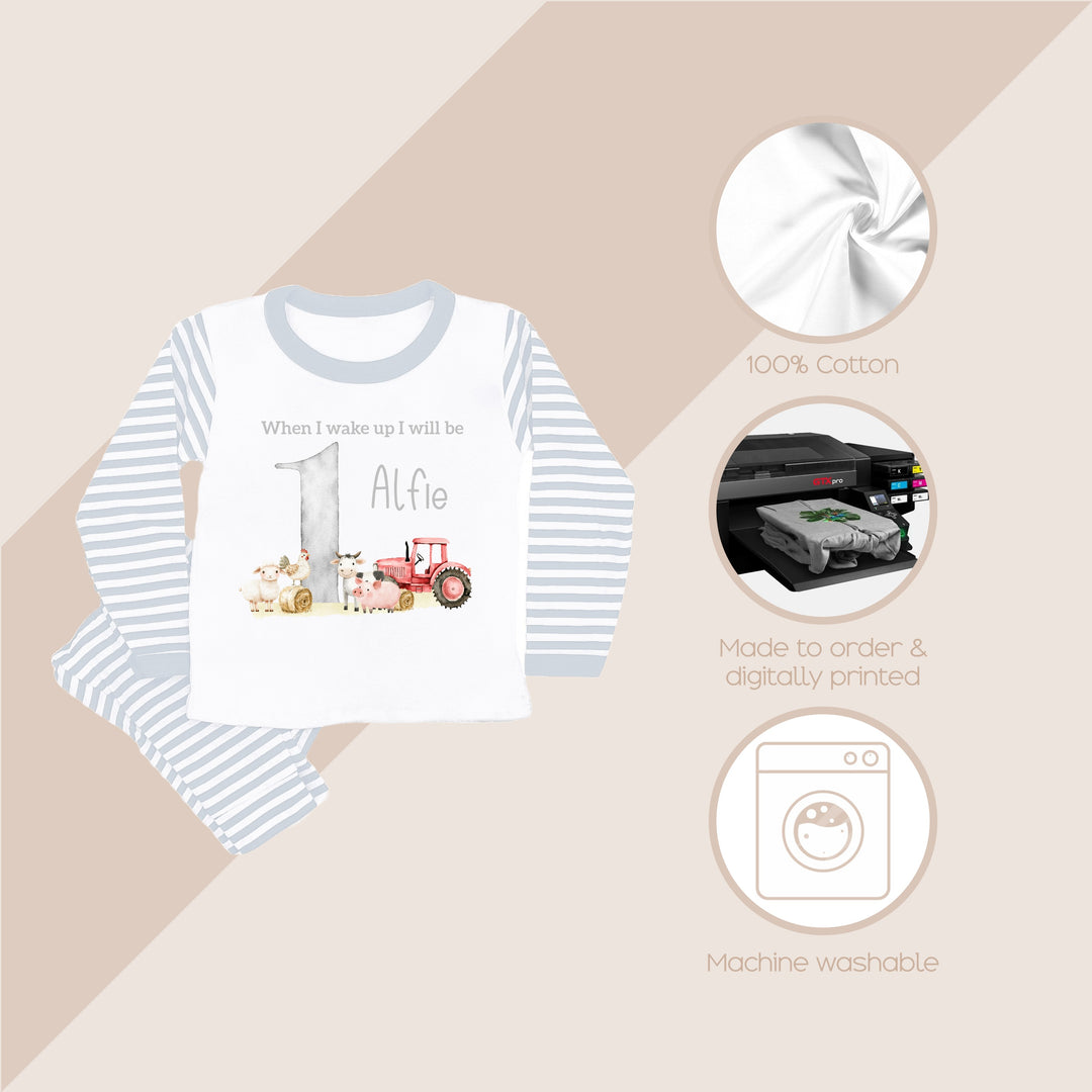 Personalised Farm Yard Grey Stripe Boys Birthday Pyjamas