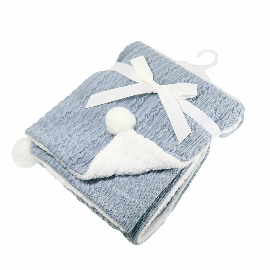 Dusky Blue Cable Knit Blanket W/ Pom Pom