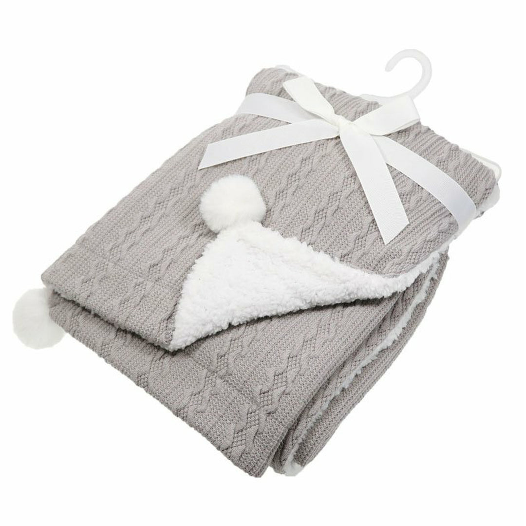 Grey Cable Knit Blanket W/ Pom Pom