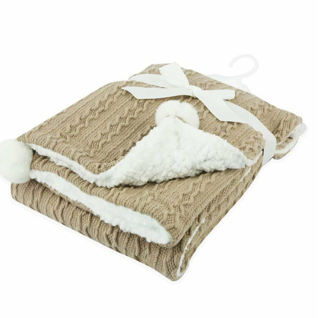 Coffee Cable Knit Blanket W/ Pom Pom