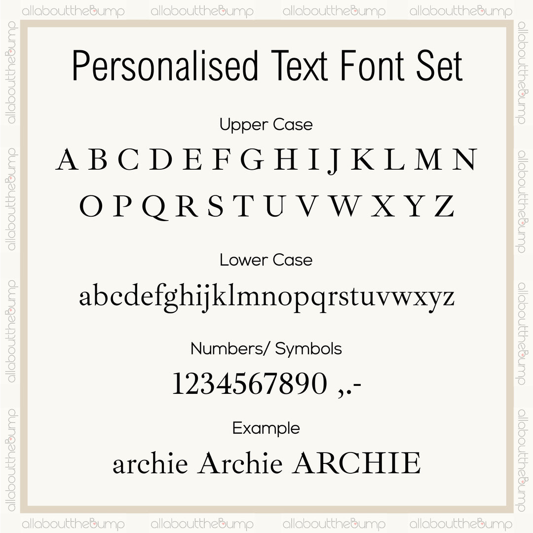 Personalised text font set with upper and lower case letters, numbers, and symbols on a white background.