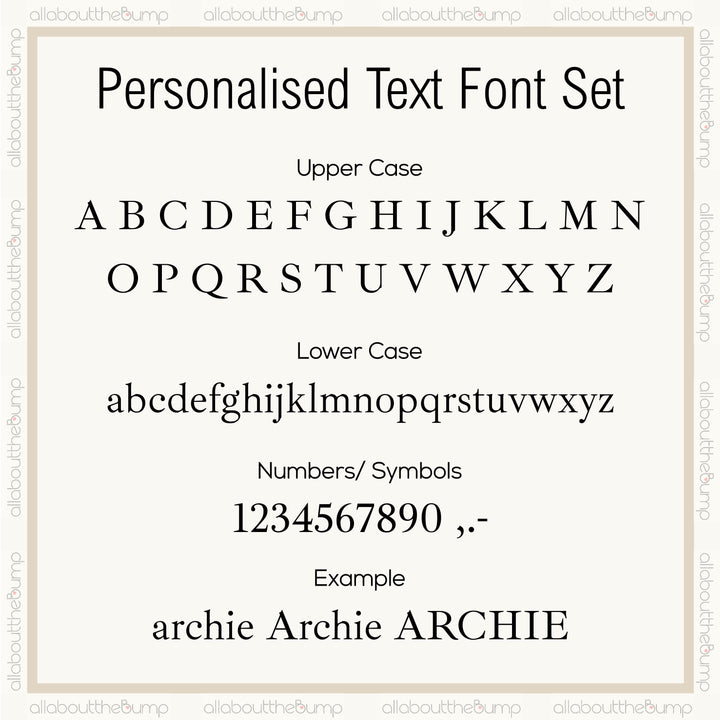 Personalised text font set with upper and lower case letters, numbers, and symbols on a white background.