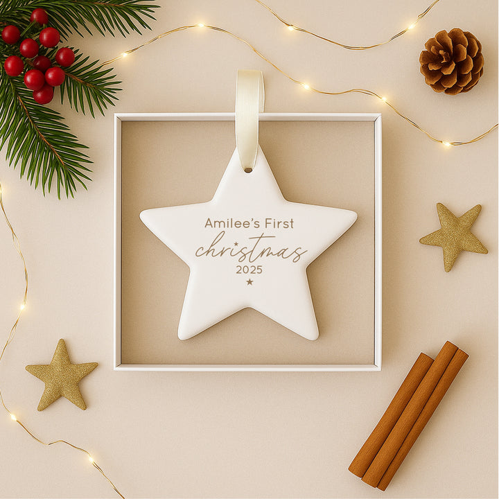Personalised First Christmas Gold Star Bauble